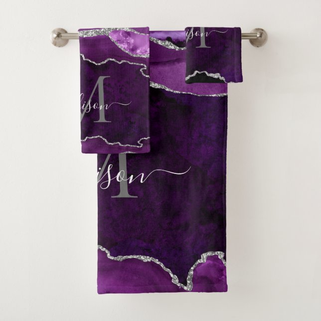 Glam Agate Geode Purple Silver Monogram Script Bath Towel Set (Insitu)