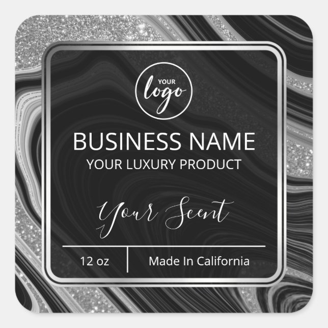 Glam Agate Silver Glitter Black Candle Labels (Front)