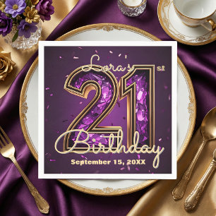 Glam Amethyst Purple Crystal Gold 21st Birthday Napkin
