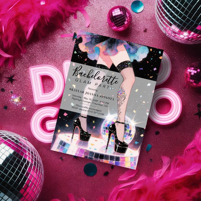 Glam and Funny Go-go Dancing Disco Bachelorette Invitation (Glam and Funny Showgirl Dancing Disco Wedding Bachelorette Party Invitations Cards.)