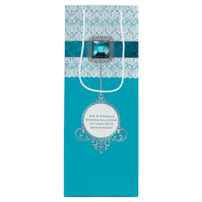 Glam Aqua Blue and Lace Custom Wine Gift Bag (Front)