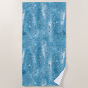 Glam Aqua Blue Tropical Glitter Leaves Beach Towel