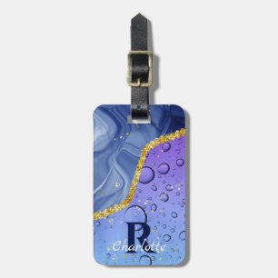 Glam Aqua Blue Water Droplets Ombre Monogram Luggage Tag