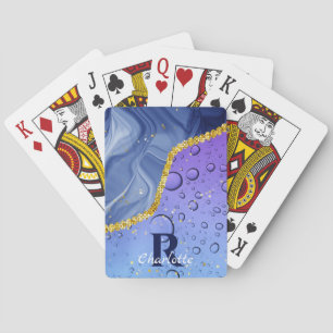 Glam Aqua Blue Water Droplets Ombre Monogram Playing Cards