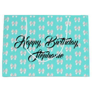 Glam Aqua Custom Name Tiffany Theme White Bow Large Gift Bag