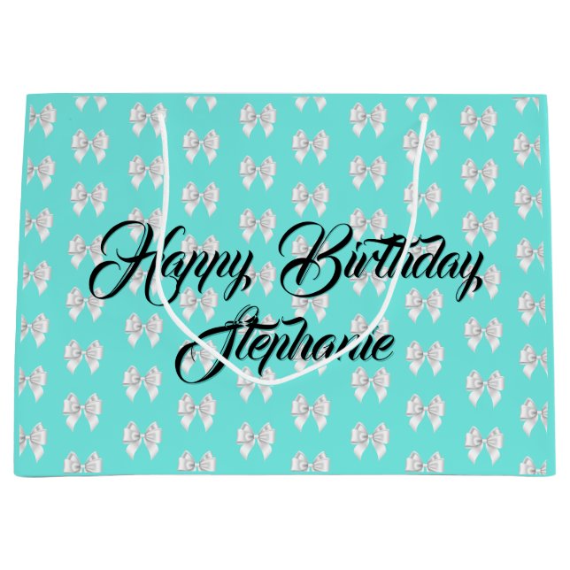 Glam Aqua Custom Name Tiffany Theme White Bow Large Gift Bag (Front)