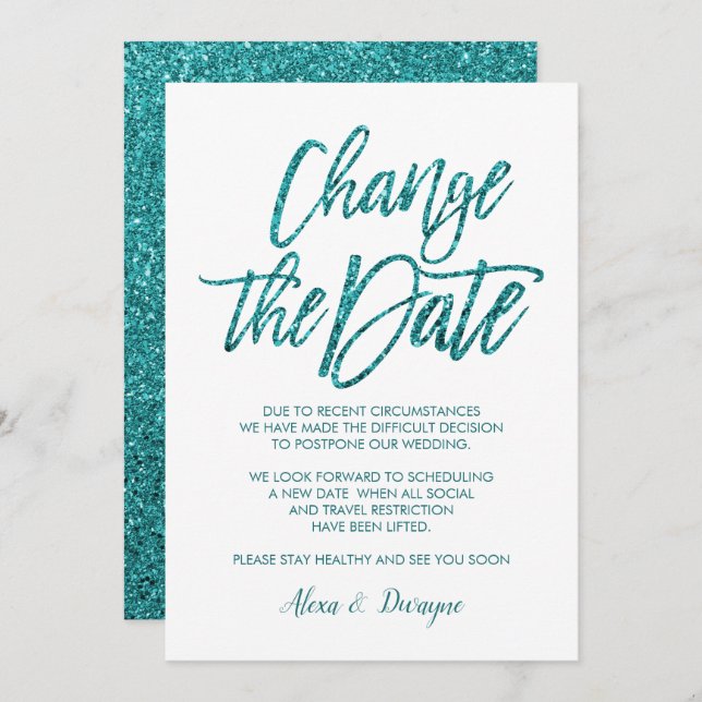 Glam Aqua Glitter Cancelled Postponed Wedding Invitation (Front/Back)