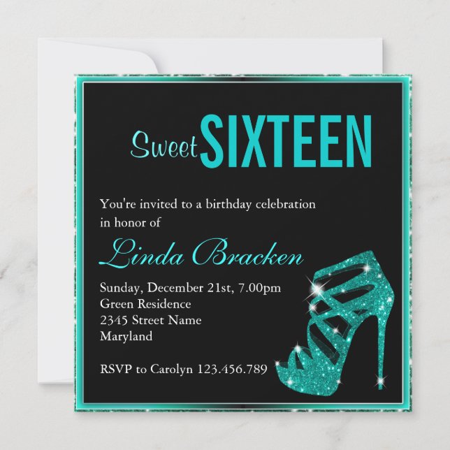 Glam Aqua Glitter High Heel Sweet Sixteen Invite (Front)