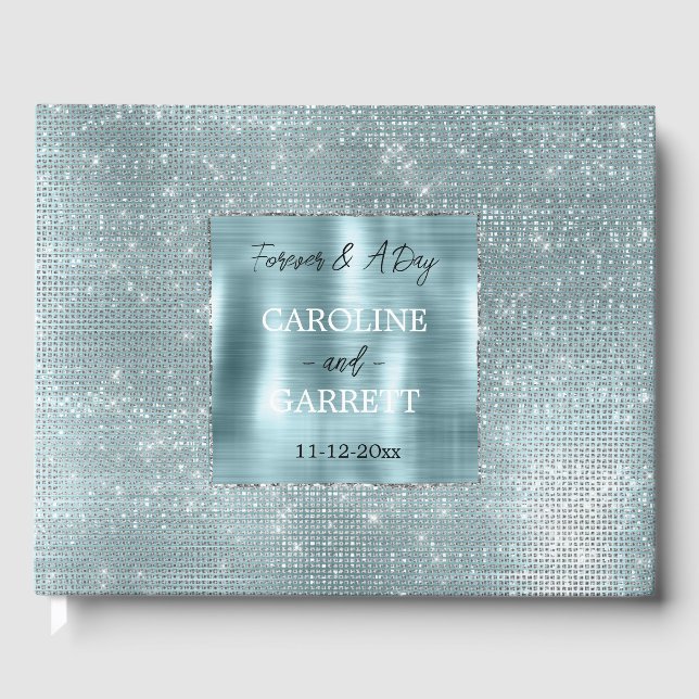 Glam Aqua Glitzy Silver Sparkle Guest Book (Front)