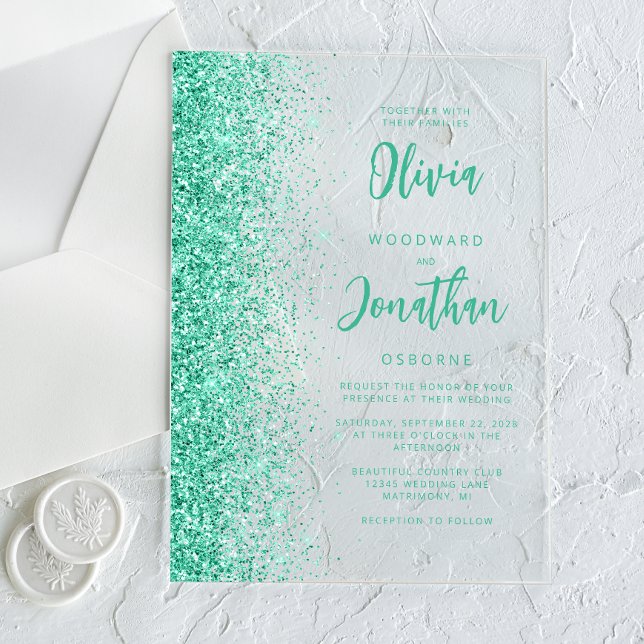 Glam Aqua Green Glitter Modern Script Wedding Acrylic Invitations (Creator Uploaded)