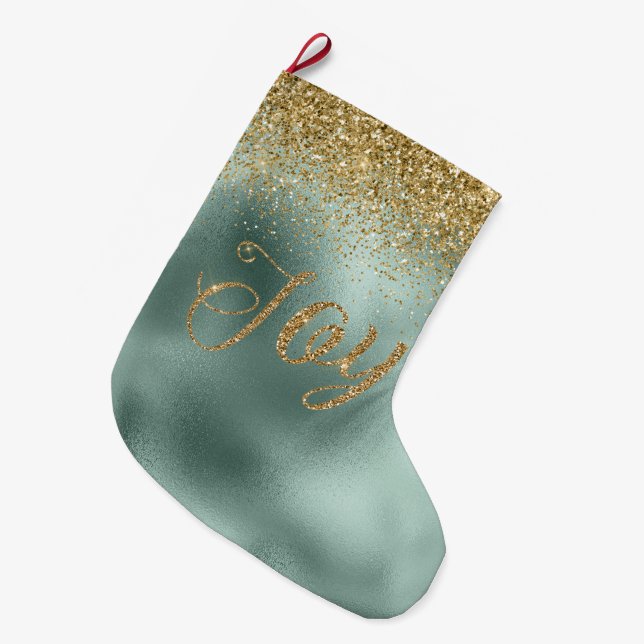 Glam Aqua Green Gold Glitter Joy Large Christmas Stocking (Front (Hanging))