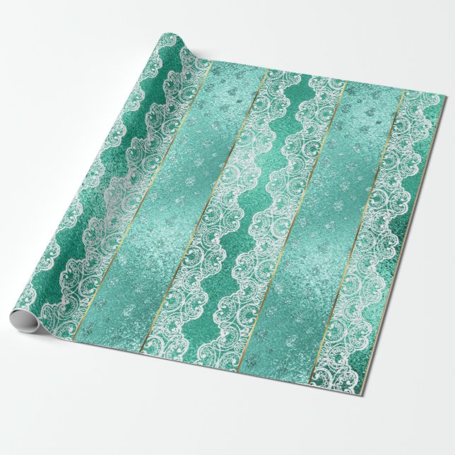 Glam Aqua Mint Green Golden Foil White Lace Wrapping Paper (Unrolled)