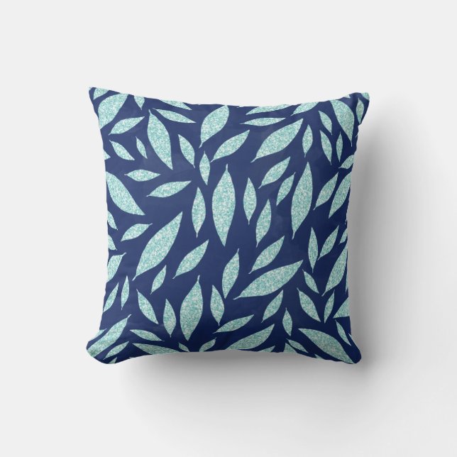 Glam aqua navy blue faux glitter leaves cushion (Front)