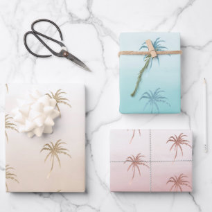 Glam Aqua Rose Gold Tropical Palm Trees Ombre Wrapping Paper Sheet