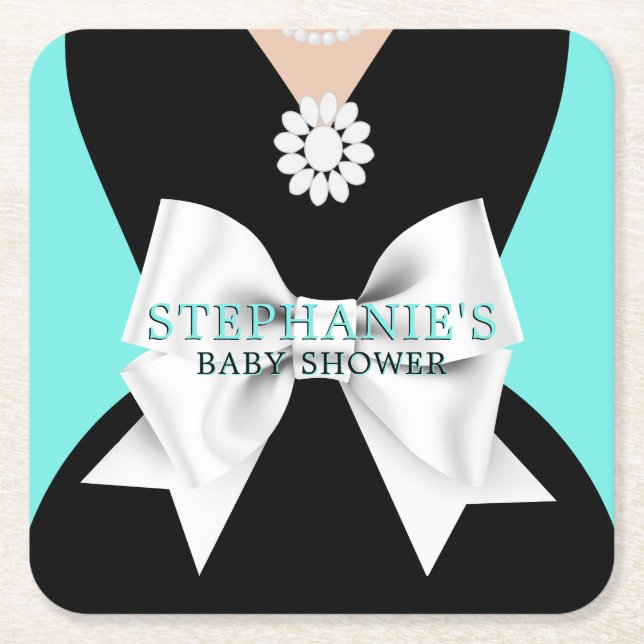 Glam Aqua Teal Fancy Tiffany Theme Baby Shower Square Paper Coaster (Front)