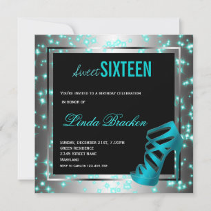 Glam Aqua Twinkle High Heel Sweet Sixteen Invite