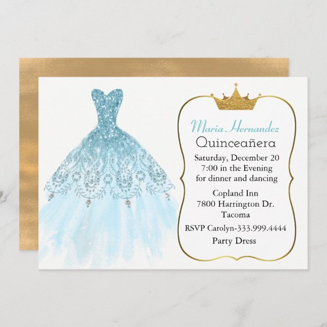 Glam Aquamarine Gown Quinceañera Invitation (Front/Back)
