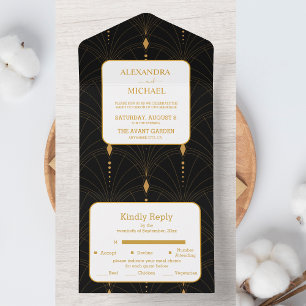 Glam Art Deco Black Gatsby 1920s Style Wedding All In One Invitation