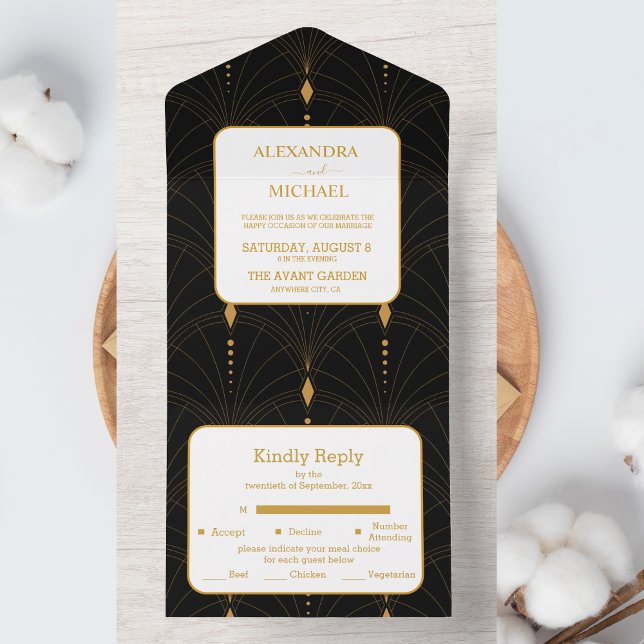 Glam Art Deco Black Gatsby 1920s Style Wedding All In One Invitation (Creator Uploaded)