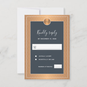 Glam Art Deco classic navy copper elegant wedding RSVP Card