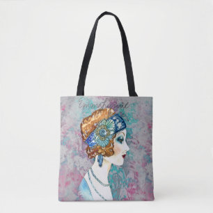 Glam Art Deco Flapper Girl Grey Teal Rose Name Tote Bag