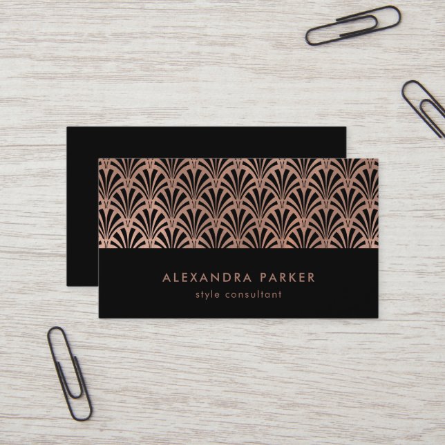 Glam Art Deco Pattern | Faux Rose Gold on Black Business Card (Front/Back In Situ)