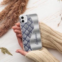 Glam Art Deco Pattern Silver Navy Blue Name