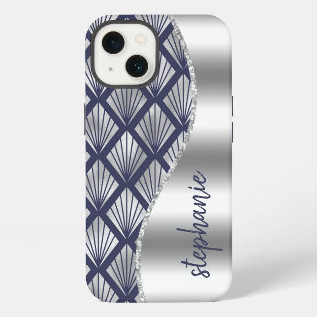 Glam Art Deco Pattern Silver Navy Blue Name iPhone Case (Back)