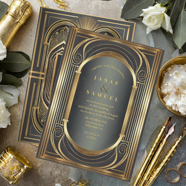 Glam Art Deco Wedding Black/Gold ID1033 Invitation (Creator Uploaded)