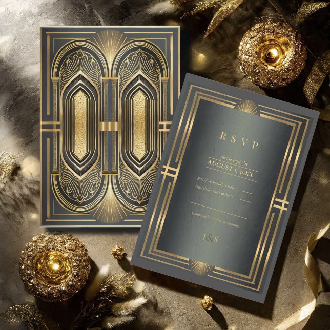 Glam Art Deco Wedding Black/Gold ID1033 RSVP Card (Creator Uploaded)
