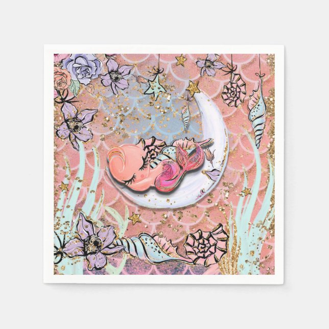 Glam Baby Mermaid Girls Baby Shower Birthday Party Napkin (Front)