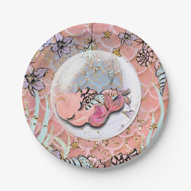 Glam Baby Mermaid Girls Baby Shower Birthday Party Paper Plate (Front)