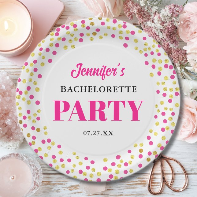 Glam Bachelorette Party Pink Gold Dots Paper Plate (Creator Uploaded)