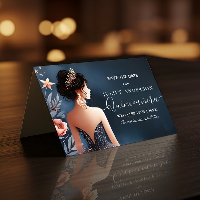 Glam Ball Gown Spark Dark Navy Blue Quinceanera Save The Date (Creator Uploaded)