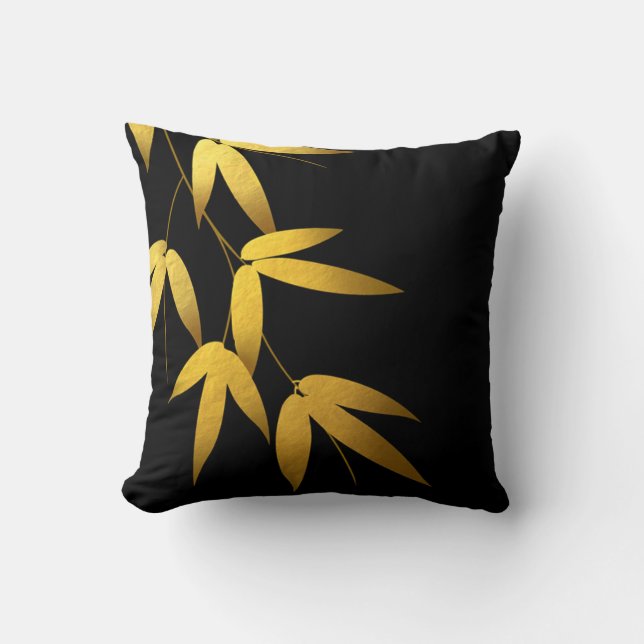 Glam Bamboo Leaves Gold Foil | black Cushion (Front)