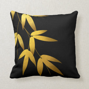 Glam Bamboo Leaves Gold Foil   black Cushion