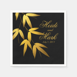 Glam Bamboo Leaves Gold Foil   black Napkin