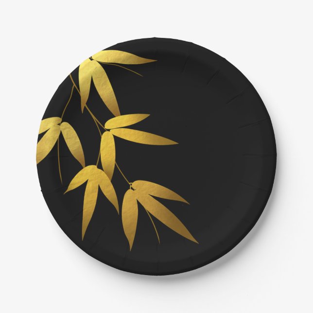 Glam Bamboo Leaves Gold Foil | black Paper Plate (Front)