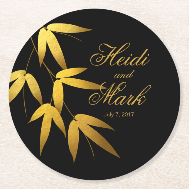 Glam Bamboo Leaves Gold Foil | black Round Paper Coaster (Front)