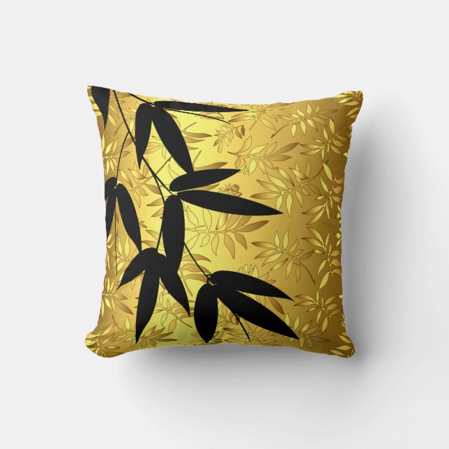 Glam Bamboo Leaves Gold Foil | gold Cushion (Front)