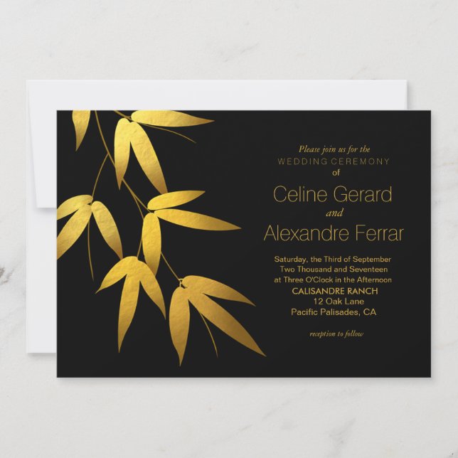 Glam Bamboo Leaves Gold Foil Wedding | black Invitation (Front)