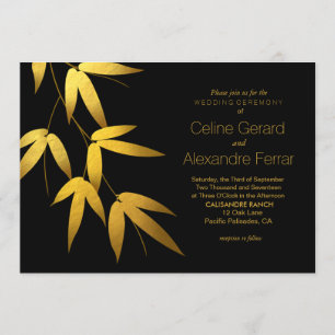 Glam Bamboo Leaves Gold Foil Wedding   black Invitation