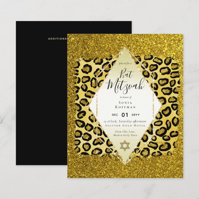Glam BAT MITZVAH Girly GOLD Glitter Animal Print (Front/Back)