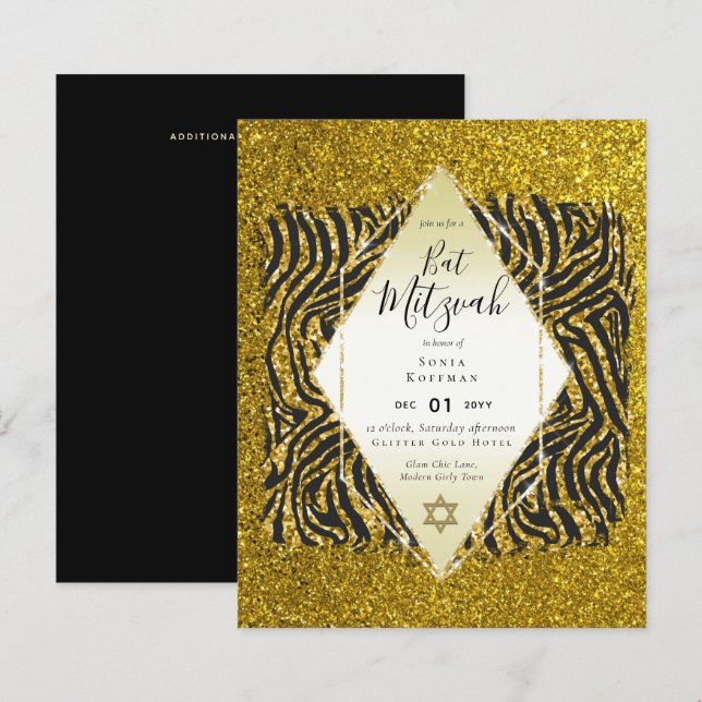 Glam BAT MITZVAH Girly GOLD Glitter Animal Print (Front/Back)