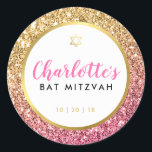 GLAM BAT MITZVAH modern luxe pink gold glitter Classic Round Sticker<br><div class="desc">by kat massard >>> www.simplysweetpaperie.com <<< ***NOTE THE GLITTER EFFECT IS A PRINTED PICTURE*** Use as an envelope seal or to decorate favours & gifts for your wedding, party or business. Setup as a template it is simple for you to add your own details, or hit the customise button and...</div>
