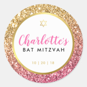 GLAM BAT MITZVAH modern luxe pink gold glitter Classic Round Sticker