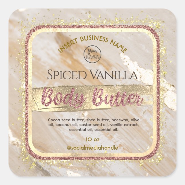 Glam Beige Marble Gold Foil Effect Body Butter Square Sticker (Front)