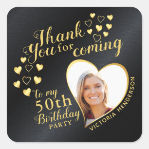 Glam Black and Gold 50th Birthday Thank You Favour Square Sticker