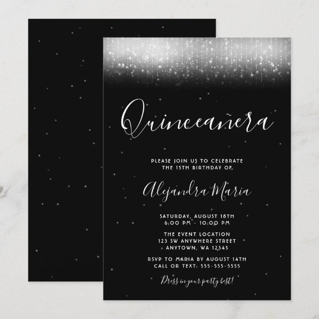Glam Black and White Quinceañera Invitation (Front/Back)