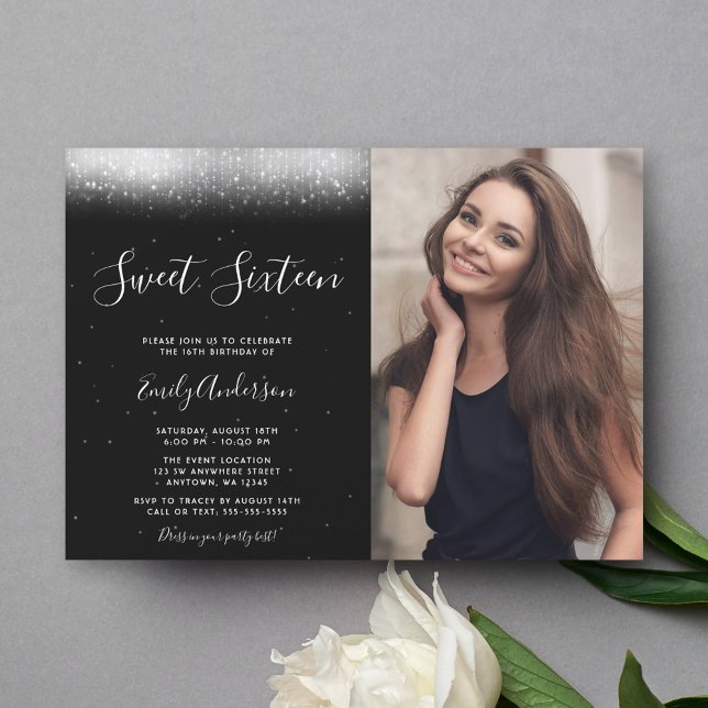 Glam Black and White Sweet 16 Photo Invitation (Creator Uploaded)